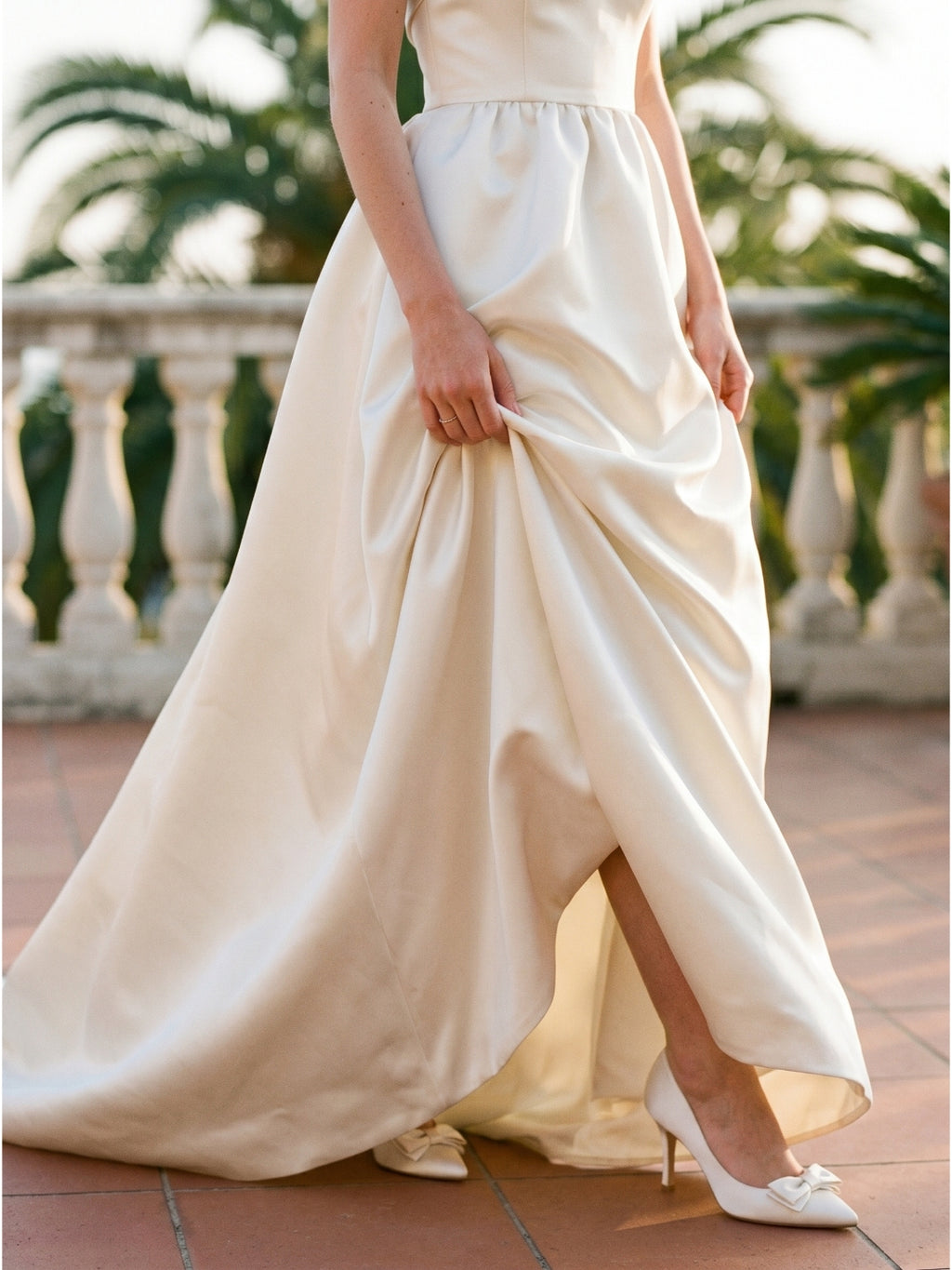 Ivory Satin A-Line Straight Neck Floor-Length Bridesmaid Dress with Bow