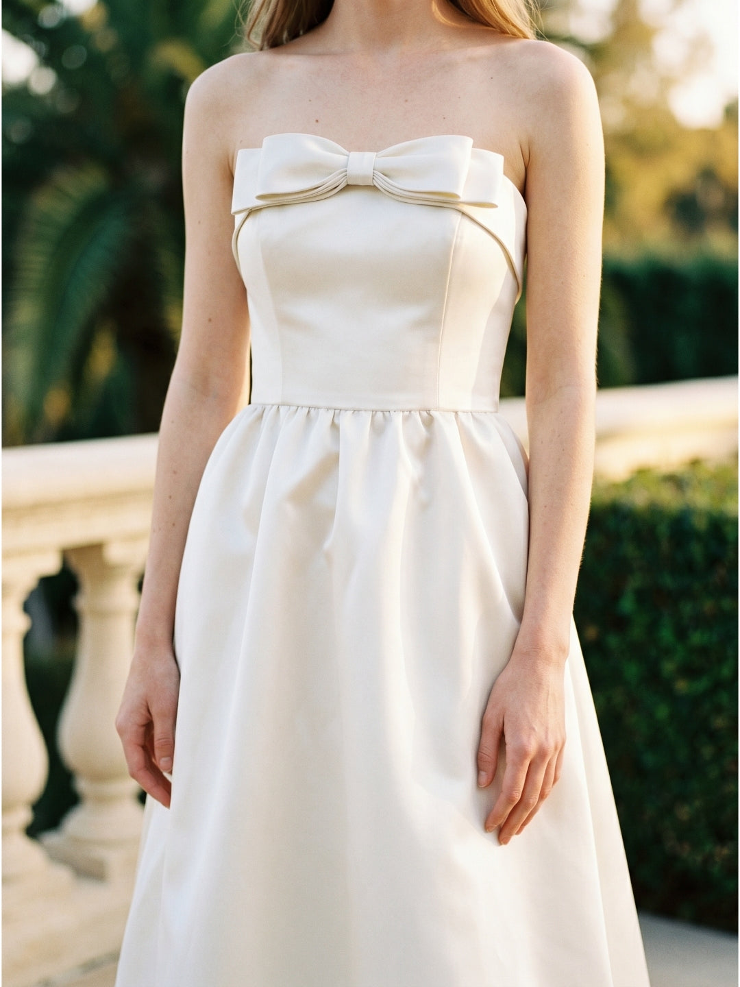 Ivory Satin A-Line Straight Neck Floor-Length Bridesmaid Dress with Bow