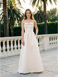 Ivory Satin A-Line Straight Neck Floor-Length Bridesmaid Dress with Bow