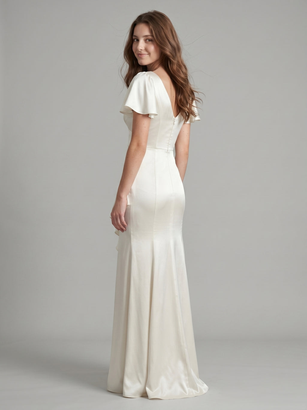 Ivory Satin A-Line V-Neck Back Zip Asymmetrical Ruffle Bridesmaid Dress