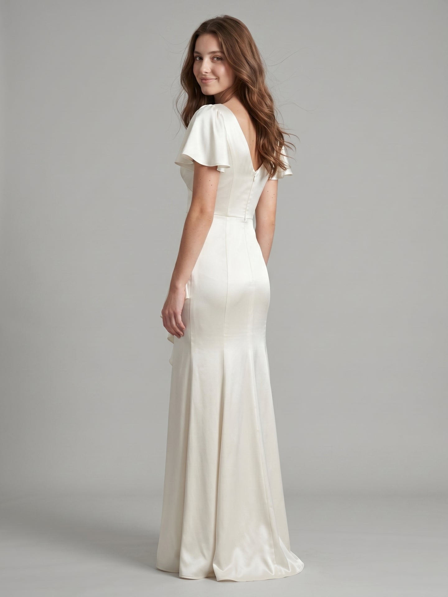 Ivory Satin A-Line V-Neck Back Zip Asymmetrical Ruffle Bridesmaid Dress