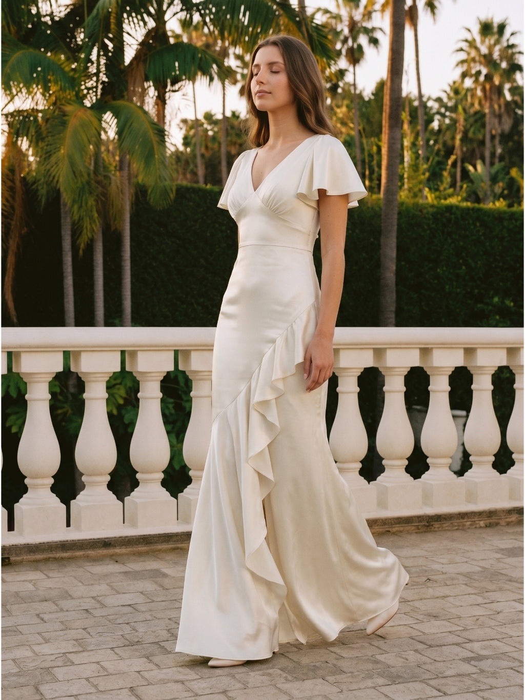 Ivory Satin A-Line V-Neck Back Zip Asymmetrical Ruffle Bridesmaid Dress