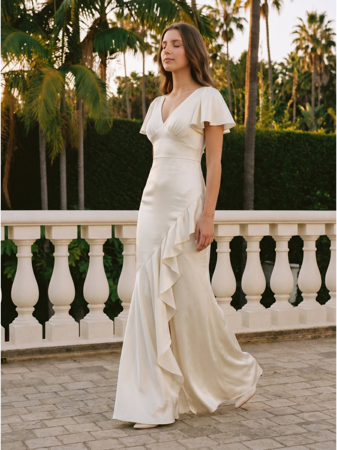 Ivory Satin A-Line V-Neck Back Zip Asymmetrical Ruffle Bridesmaid Dress