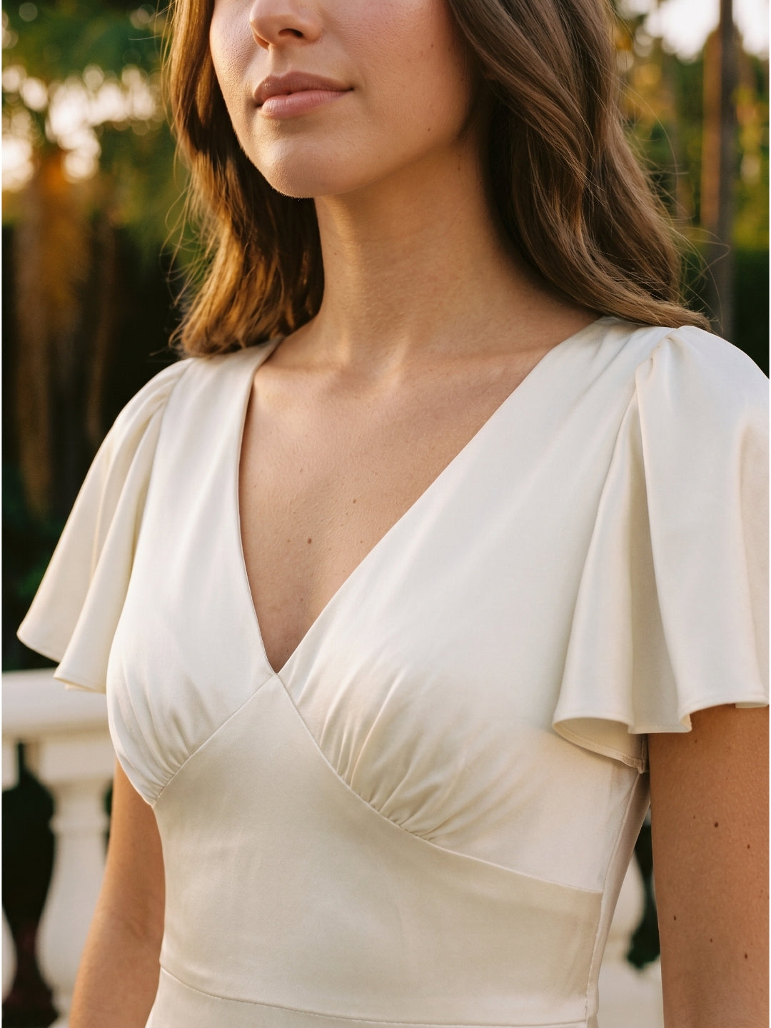 Ivory Satin A-Line V-Neck Back Zip Asymmetrical Ruffle Bridesmaid Dress