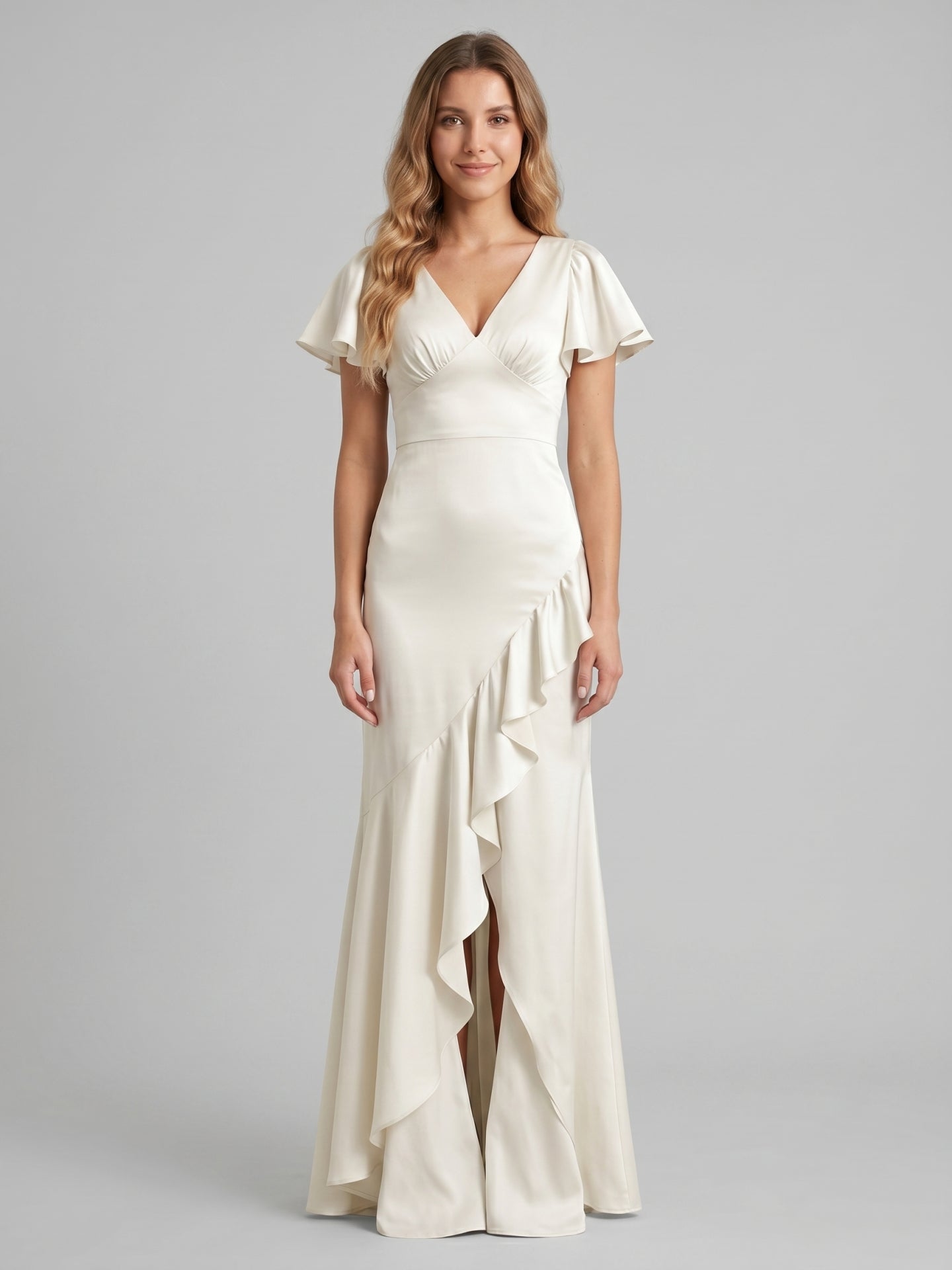 Ivory Satin A-Line V-Neck Back Zip Asymmetrical Ruffle Bridesmaid Dress