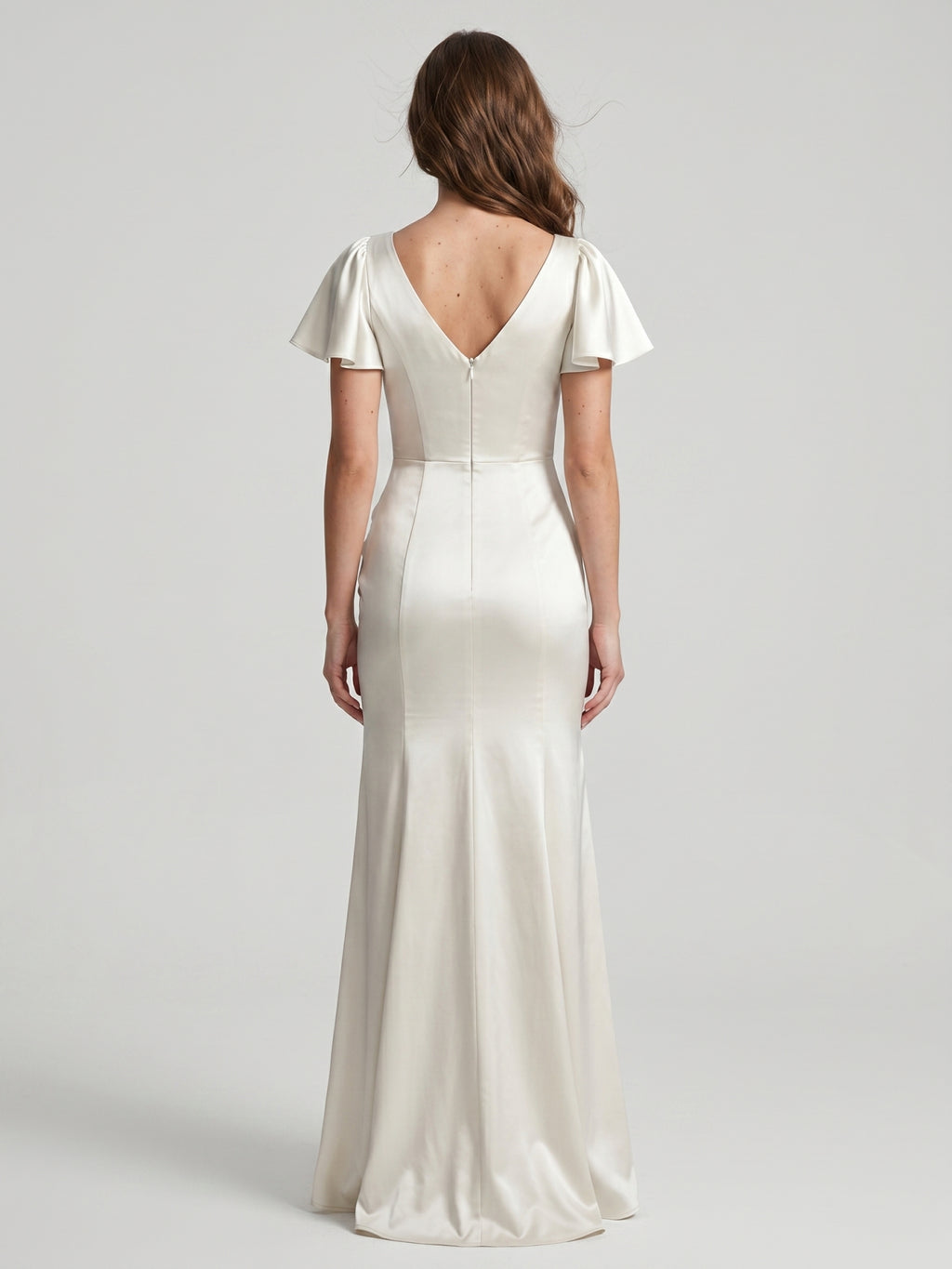 Ivory Satin A-Line V-Neck Back Zip Asymmetrical Ruffle Bridesmaid Dress