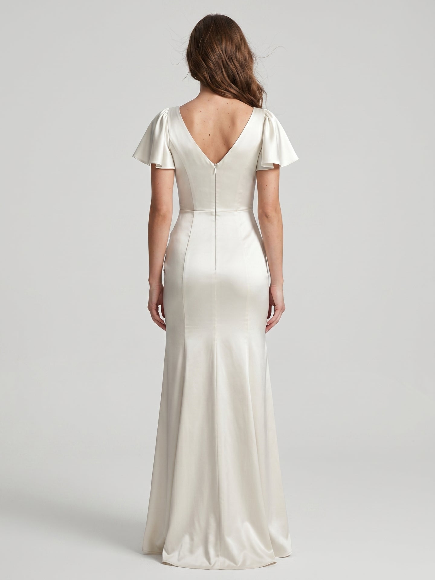 Ivory Satin A-Line V-Neck Back Zip Asymmetrical Ruffle Bridesmaid Dress