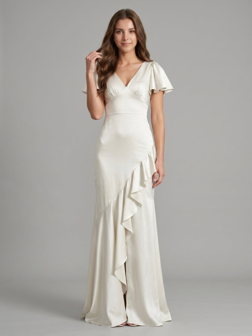 Ivory Satin A-Line V-Neck Back Zip Asymmetrical Ruffle Bridesmaid Dress