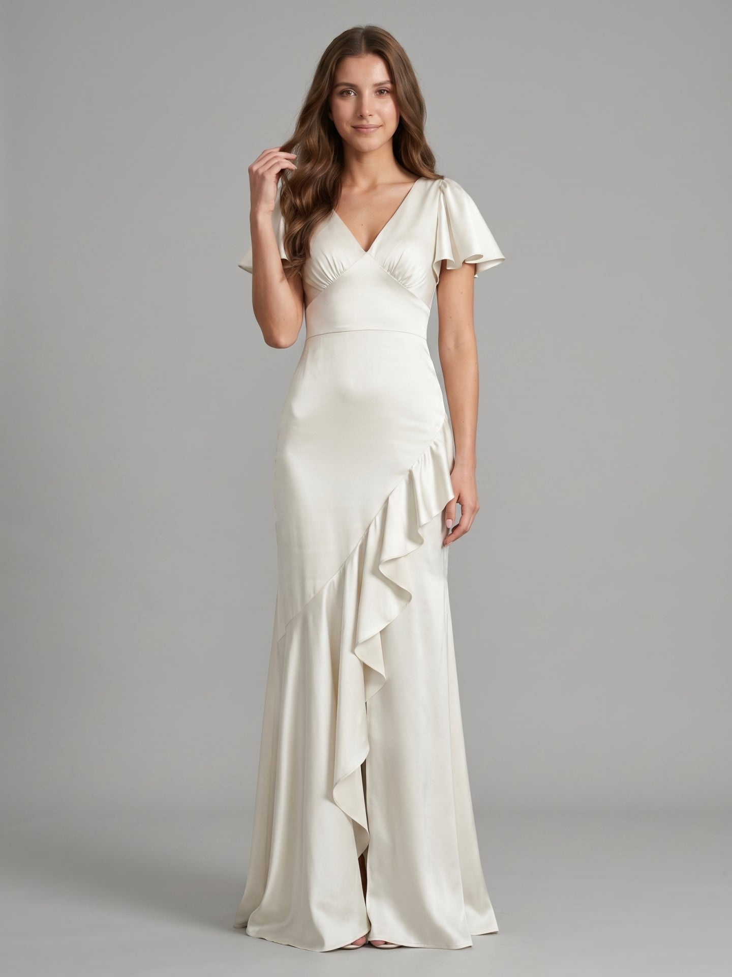 Ivory Satin A-Line V-Neck Back Zip Asymmetrical Ruffle Bridesmaid Dress