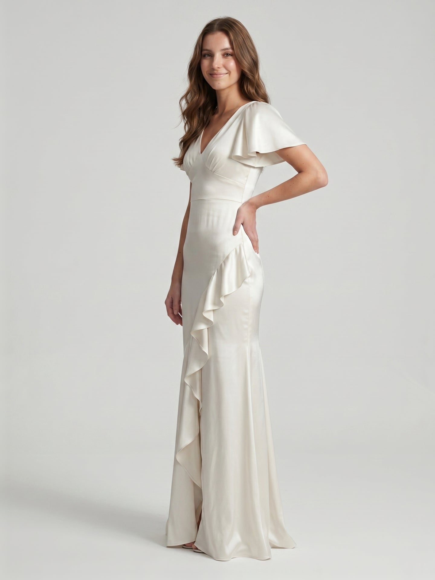 Ivory Satin A-Line V-Neck Back Zip Asymmetrical Ruffle Bridesmaid Dress