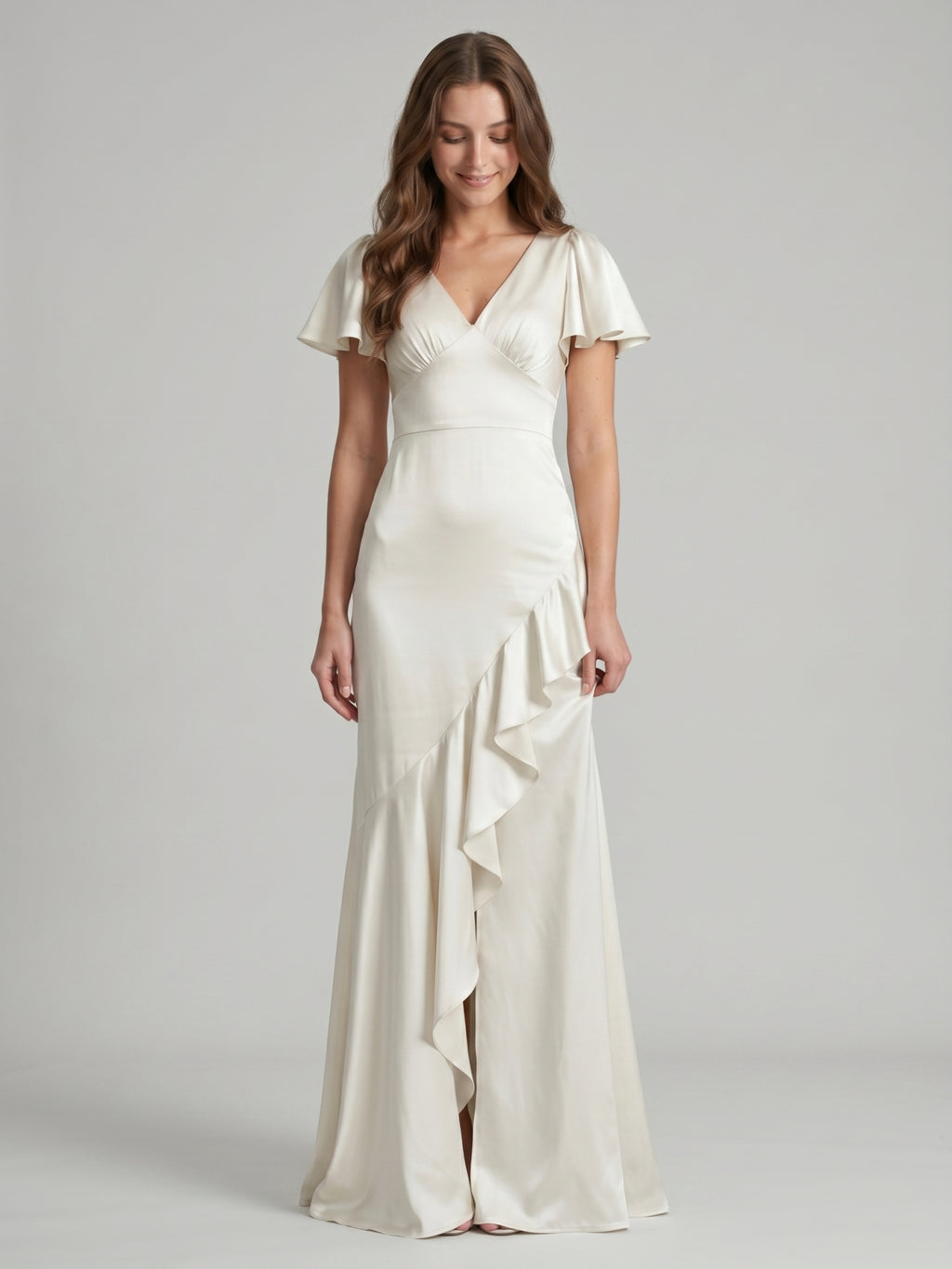 Ivory Satin A-Line V-Neck Back Zip Asymmetrical Ruffle Bridesmaid Dress