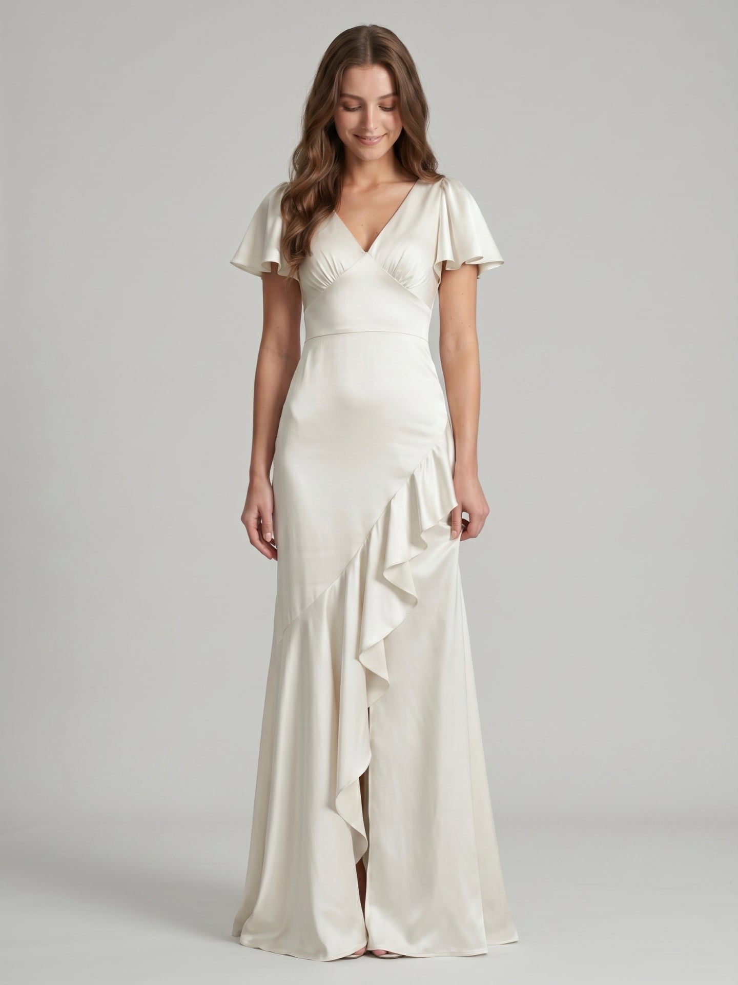 Ivory Satin A-Line V-Neck Back Zip Asymmetrical Ruffle Bridesmaid Dress