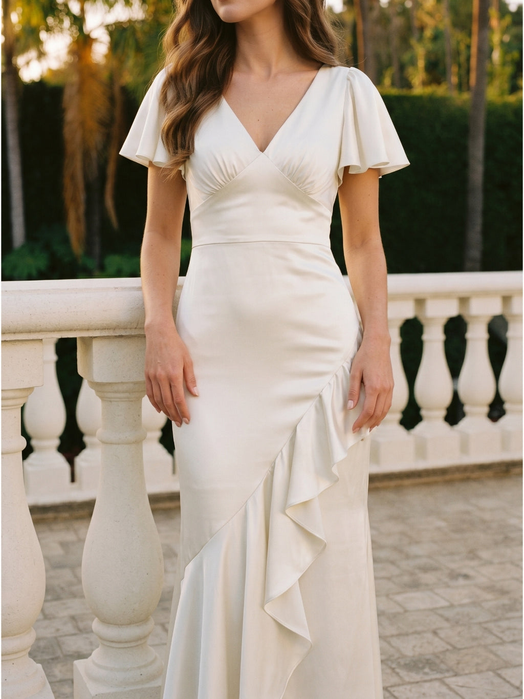 Ivory Satin A-Line V-Neck Back Zip Asymmetrical Ruffle Bridesmaid Dress