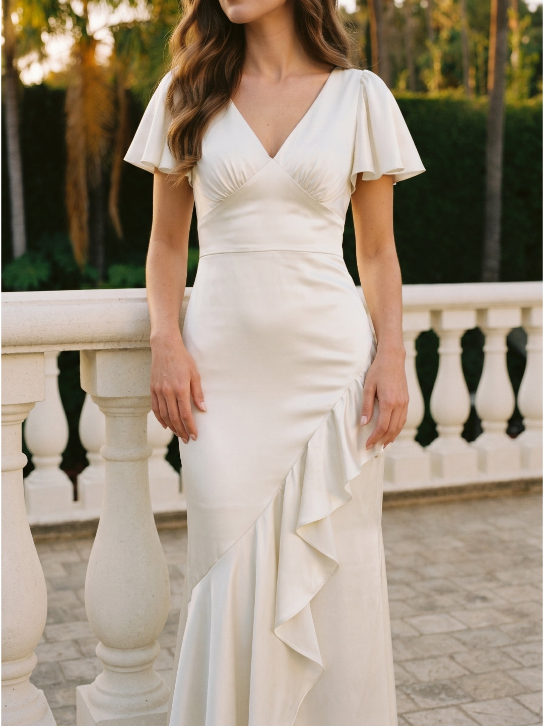 Ivory Satin A-Line V-Neck Back Zip Asymmetrical Ruffle Bridesmaid Dress
