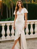 Ivory Satin A-Line V-Neck Back Zip Asymmetrical Ruffle Bridesmaid Dress