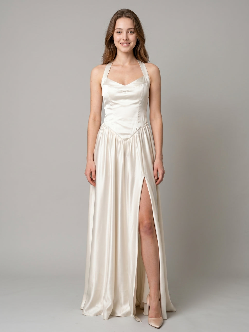 Ivory Satin A-Line V-Neck Criss-Cross Floor-Length Bridesmaid Dress