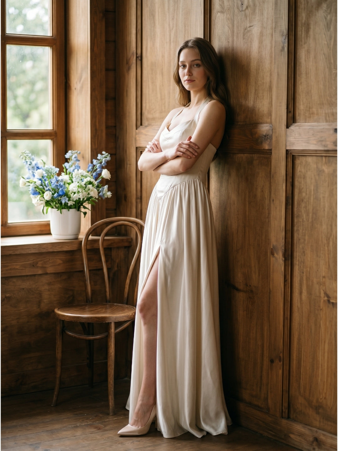 Ivory Satin A-Line V-Neck Criss-Cross Floor-Length Bridesmaid Dress