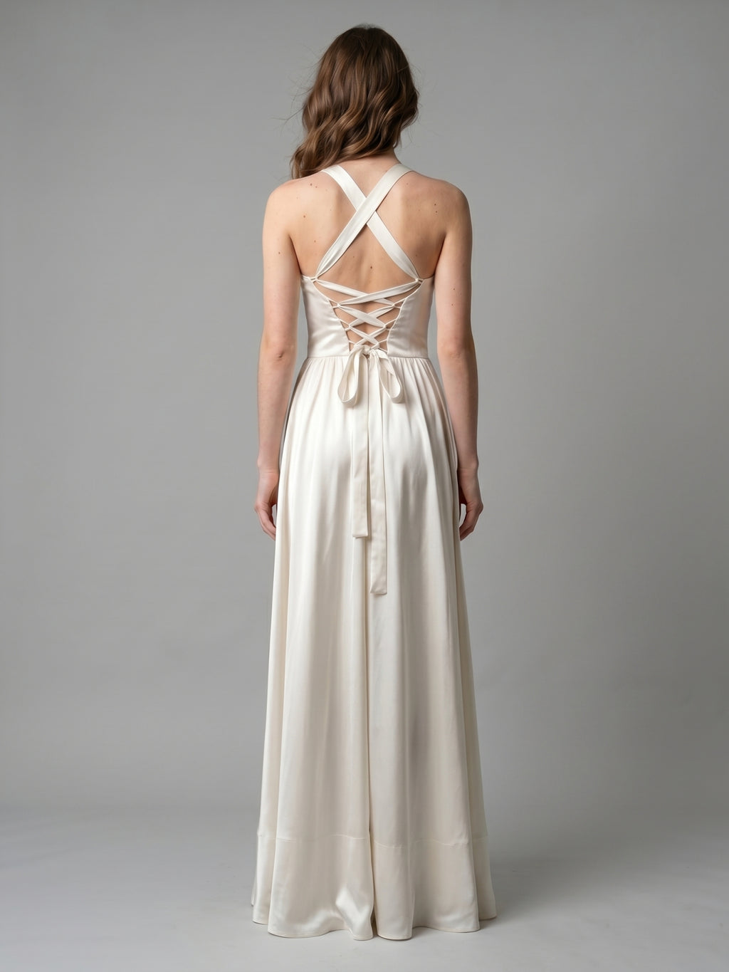 Ivory Satin A-Line V-Neck Criss-Cross Floor-Length Bridesmaid Dress