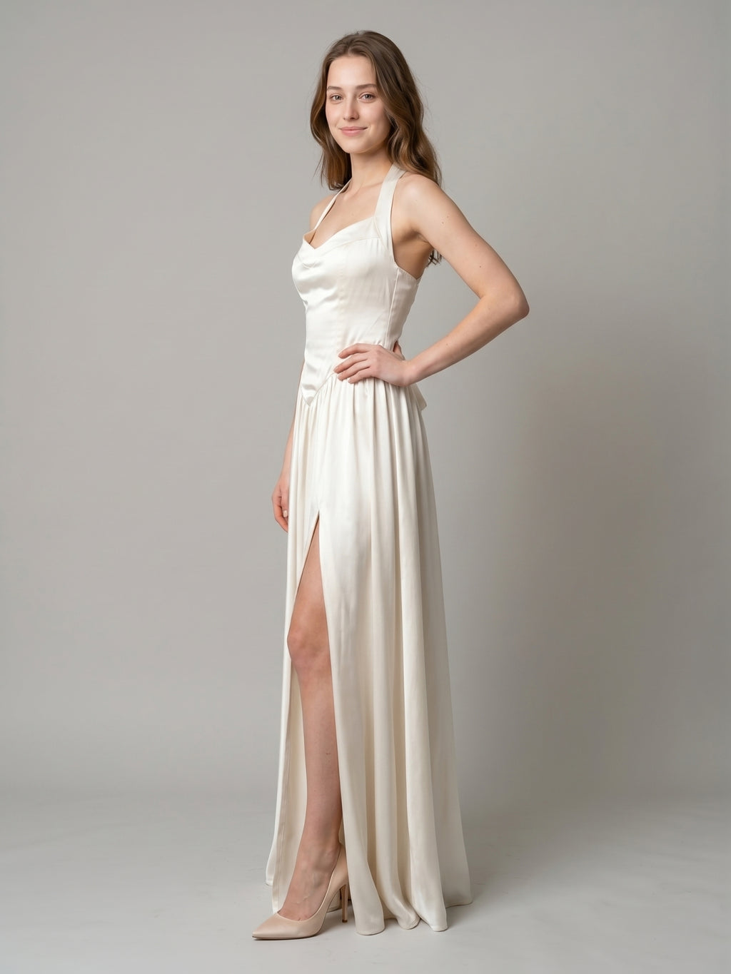 Ivory Satin A-Line V-Neck Criss-Cross Floor-Length Bridesmaid Dress