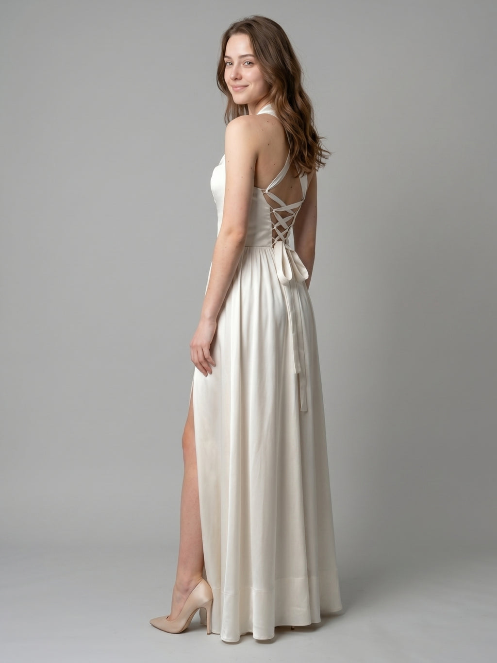 Ivory Satin A-Line V-Neck Criss-Cross Floor-Length Bridesmaid Dress