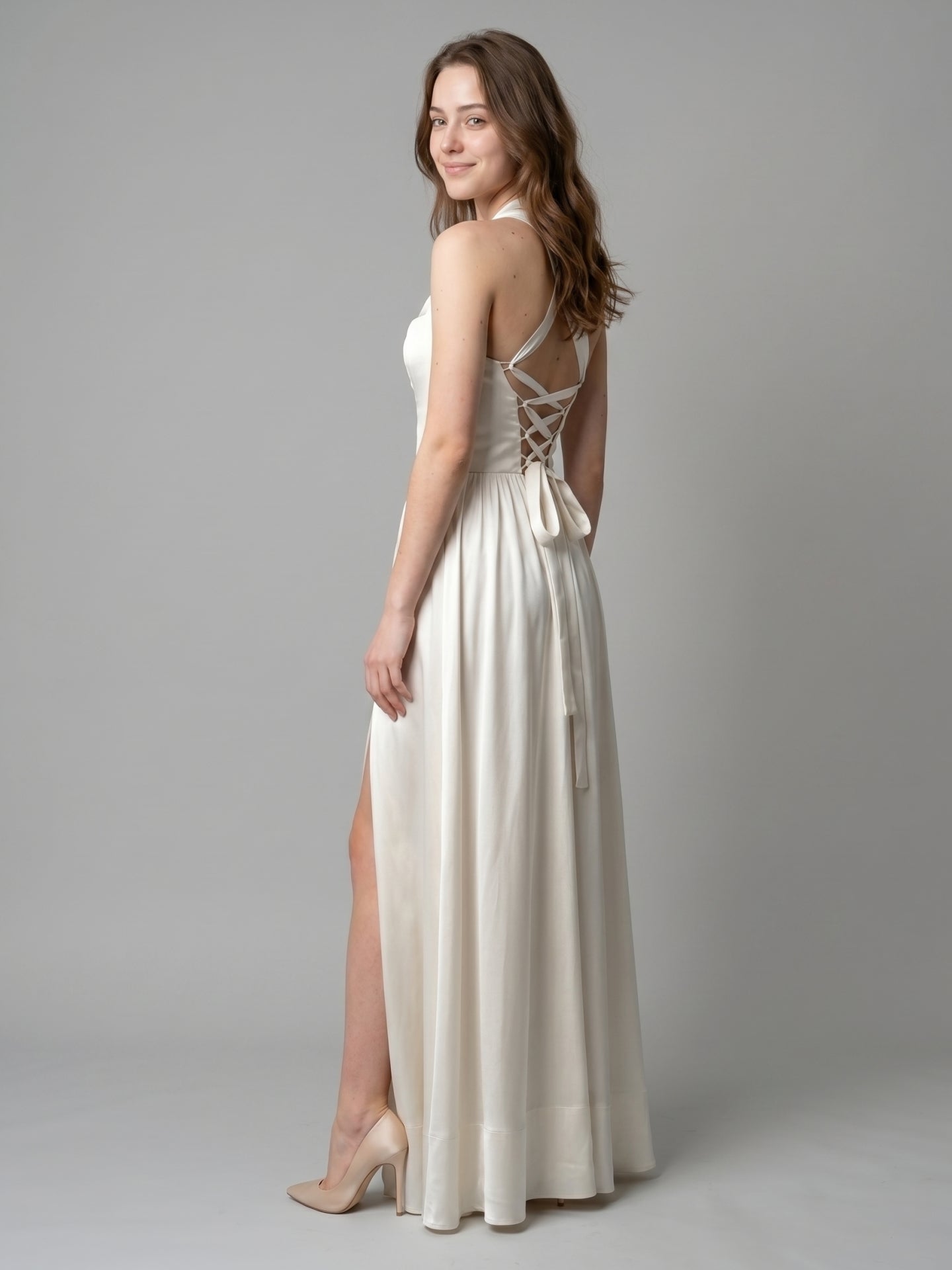 Ivory Satin A-Line V-Neck Criss-Cross Floor-Length Bridesmaid Dress