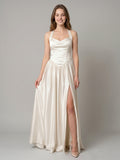 Ivory Satin A-Line V-Neck Criss-Cross Floor-Length Bridesmaid Dress