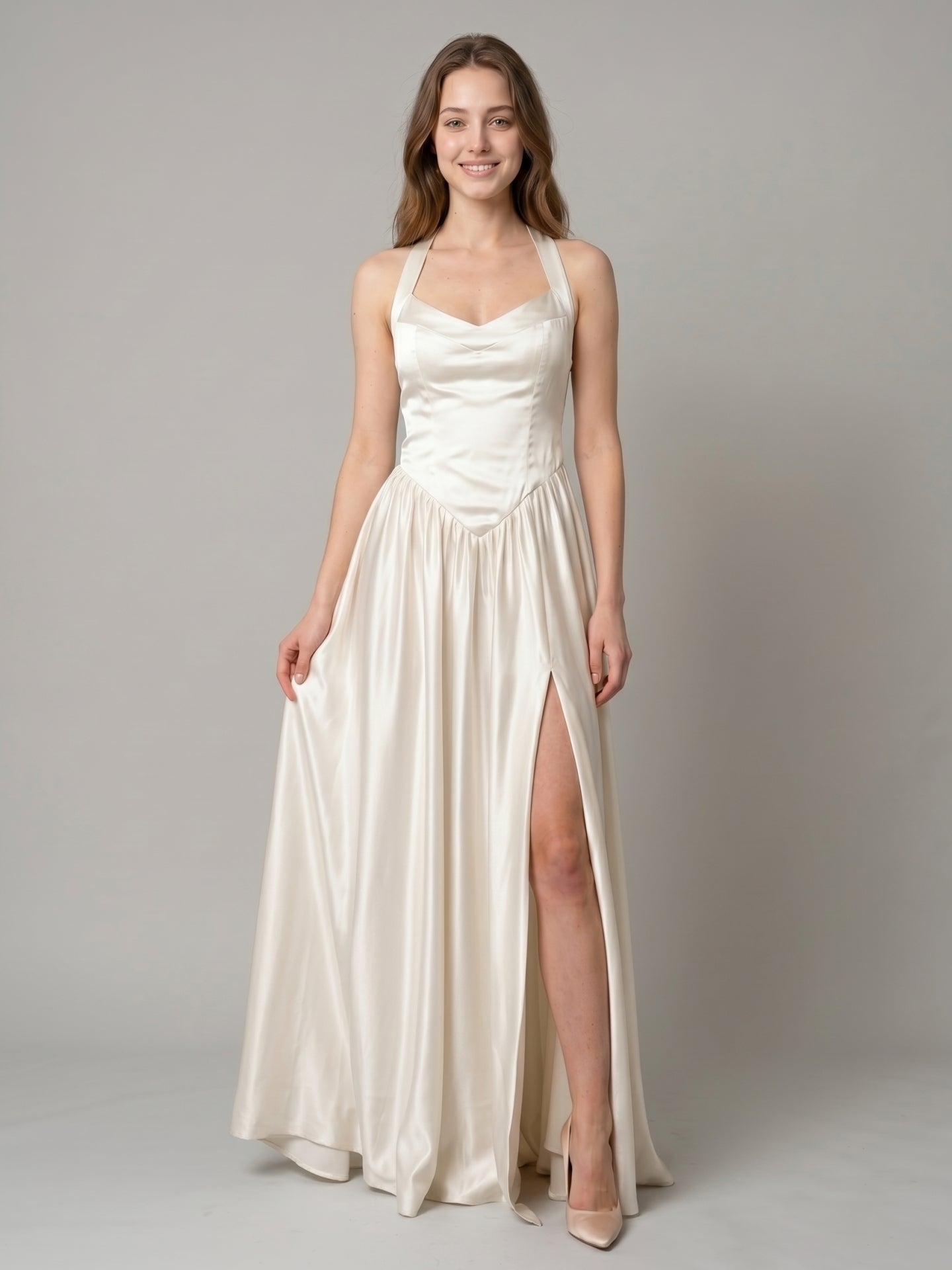 Ivory Satin A-Line V-Neck Criss-Cross Floor-Length Bridesmaid Dress
