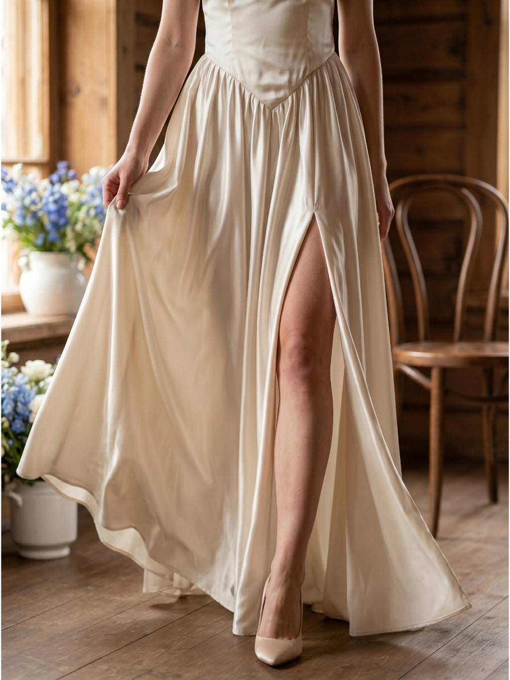 Ivory Satin A-Line V-Neck Criss-Cross Floor-Length Bridesmaid Dress