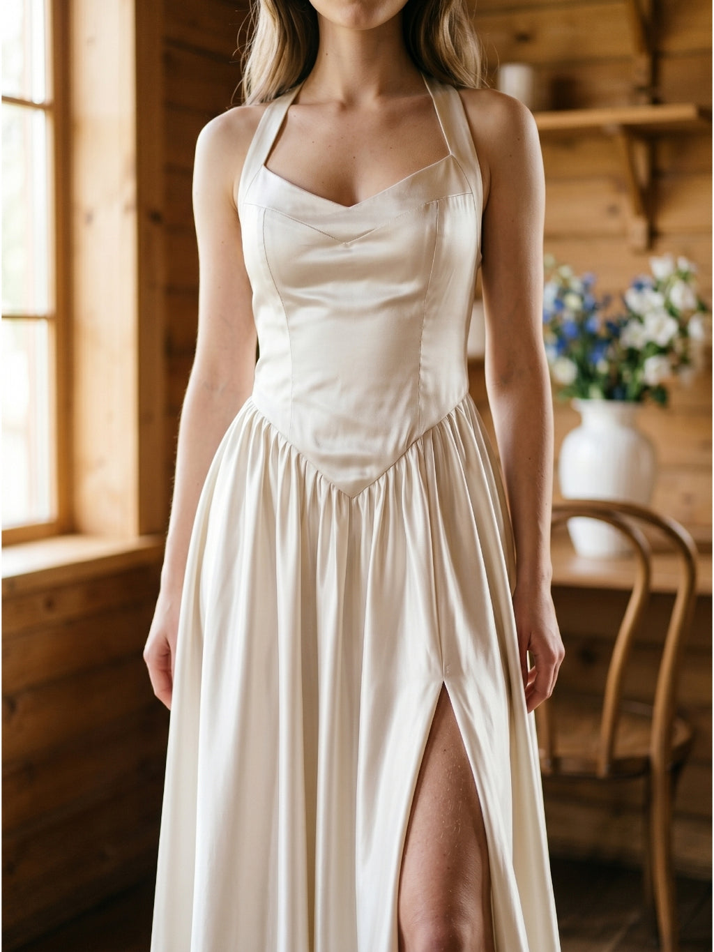 Ivory Satin A-Line V-Neck Criss-Cross Floor-Length Bridesmaid Dress