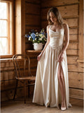 Ivory Satin A-Line V-Neck Criss-Cross Floor-Length Bridesmaid Dress