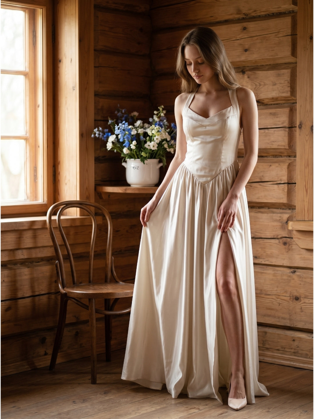 Ivory Satin A-Line V-Neck Criss-Cross Floor-Length Bridesmaid Dress