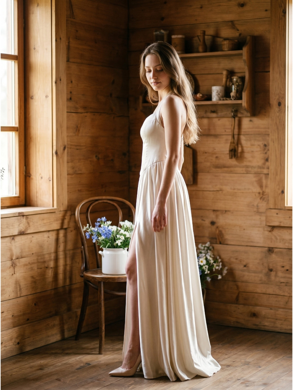 Ivory Satin A-Line V-Neck Criss-Cross Floor-Length Bridesmaid Dress