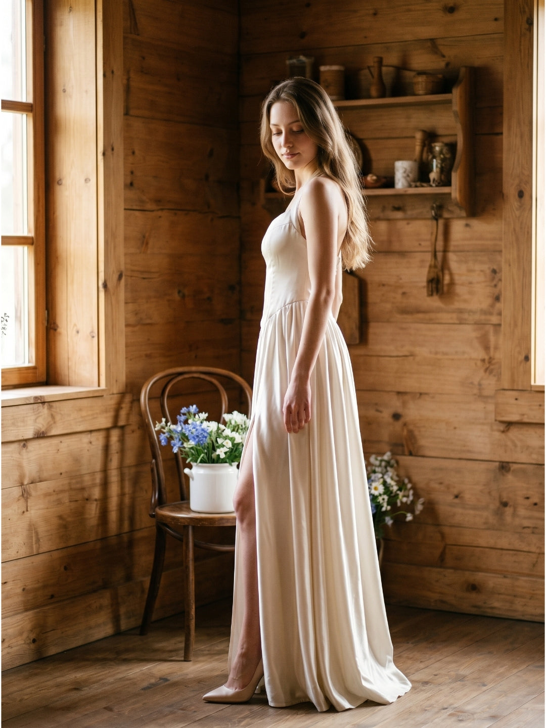 Ivory Satin A-Line V-Neck Criss-Cross Floor-Length Bridesmaid Dress