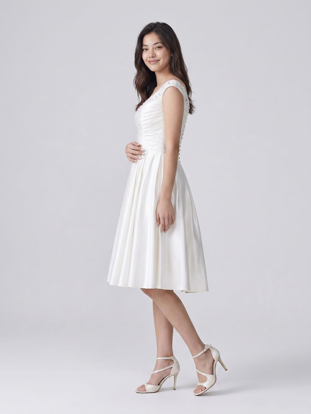 Ivory Satin A-Line V-Neck Knee-Length Homecoming Dress with Beading