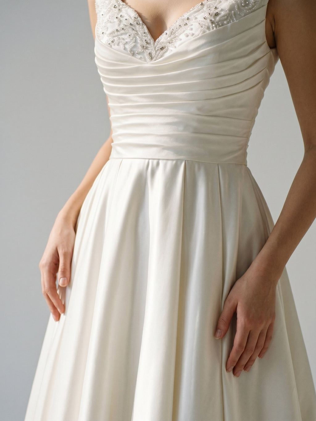 Ivory Satin A-Line V-Neck Knee-Length Homecoming Dress with Beading