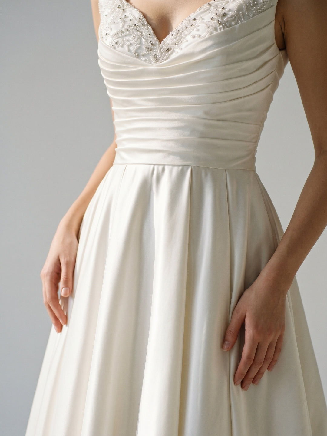 Ivory Satin A-Line V-Neck Knee-Length Homecoming Dress with Beading