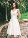 Ivory Satin A-Line V-Neck Knee-Length Dress with Beading