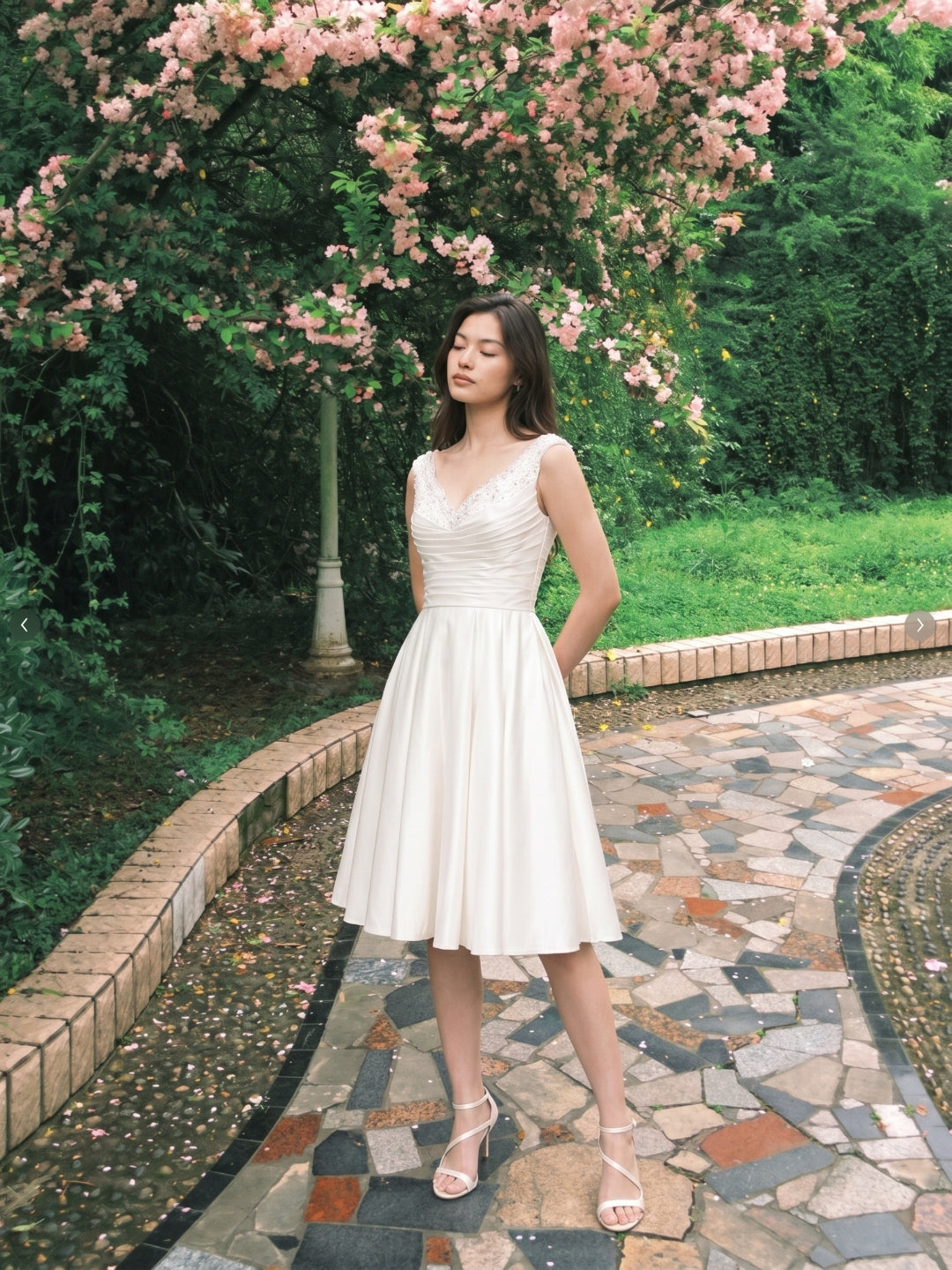 Ivory Satin A-Line V-Neck Knee-Length Homecoming Dress with Beading