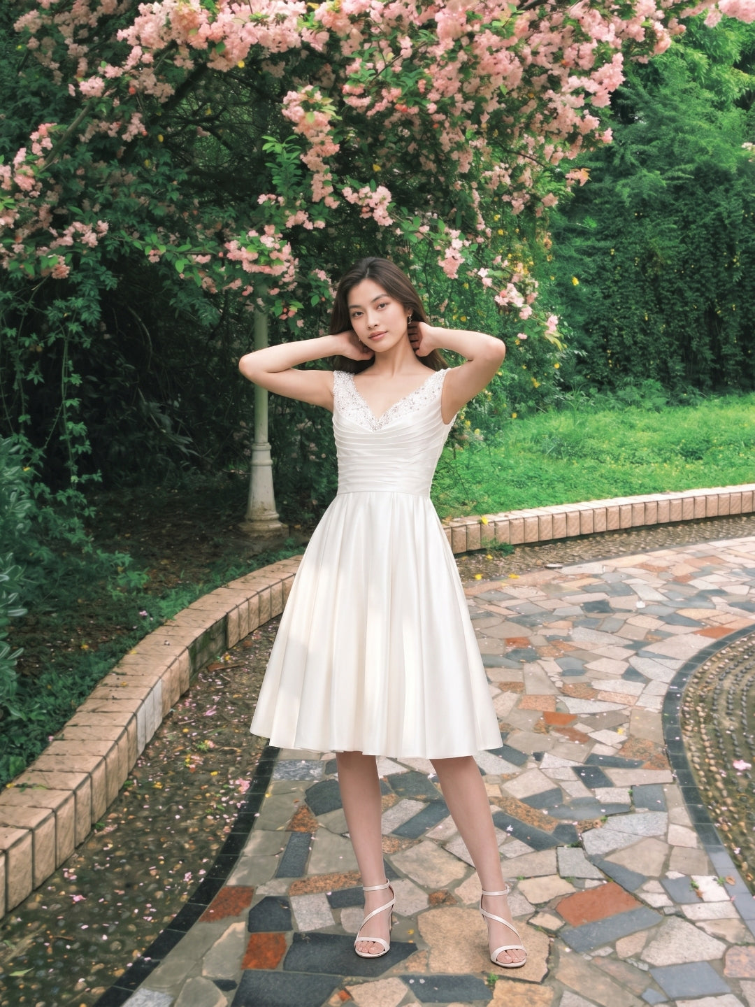 Ivory Satin A-Line V-Neck Knee-Length Homecoming Dress with Beading