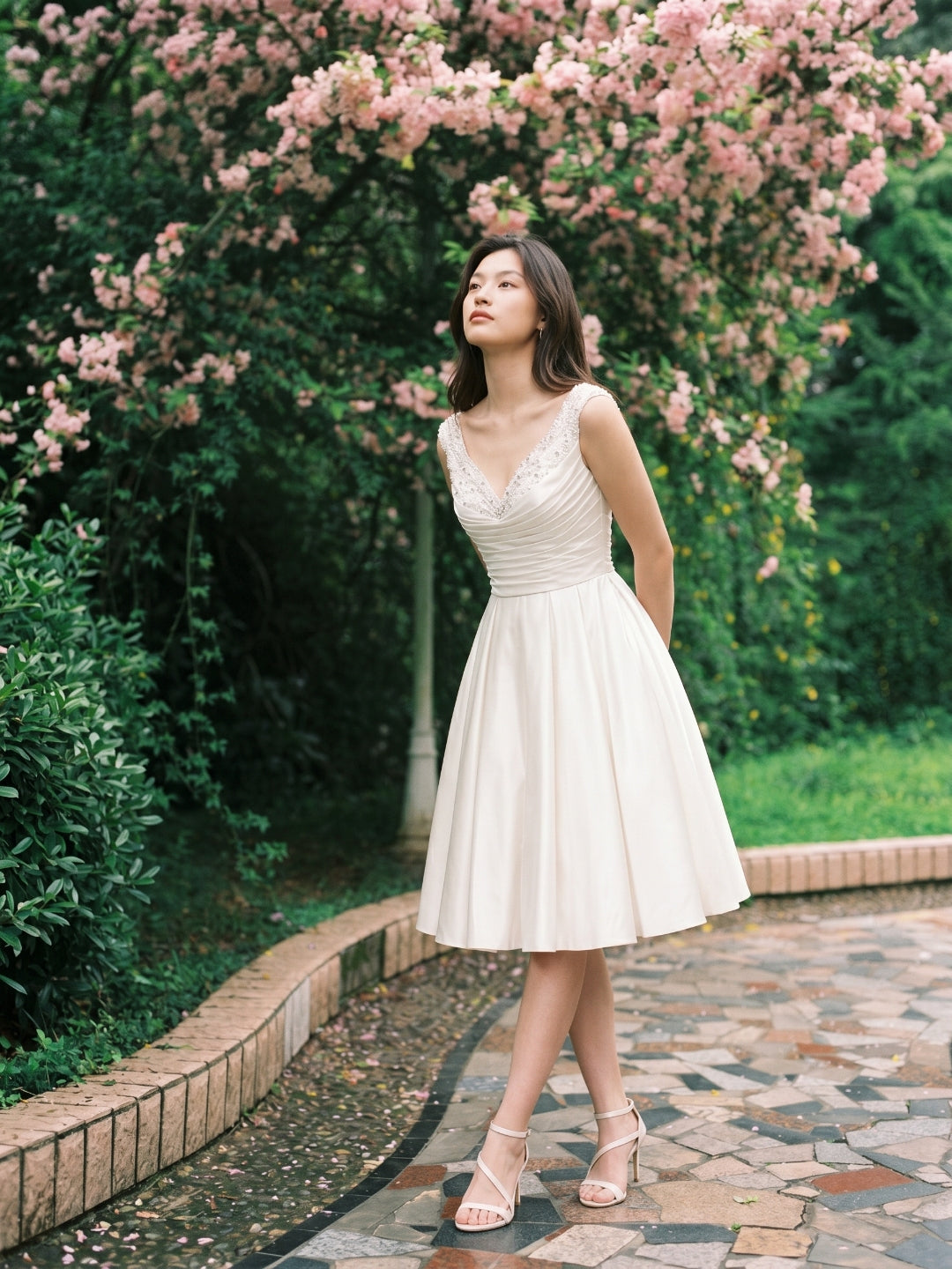 Ivory Satin A-Line V-Neck Knee-Length Homecoming Dress with Beading