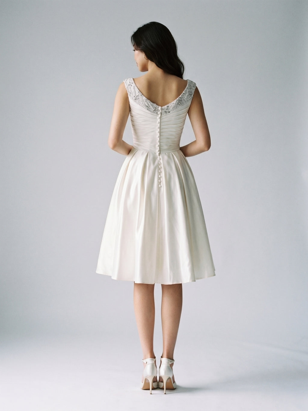 Ivory Satin A-Line V-Neck Knee-Length Homecoming Dress with Beading