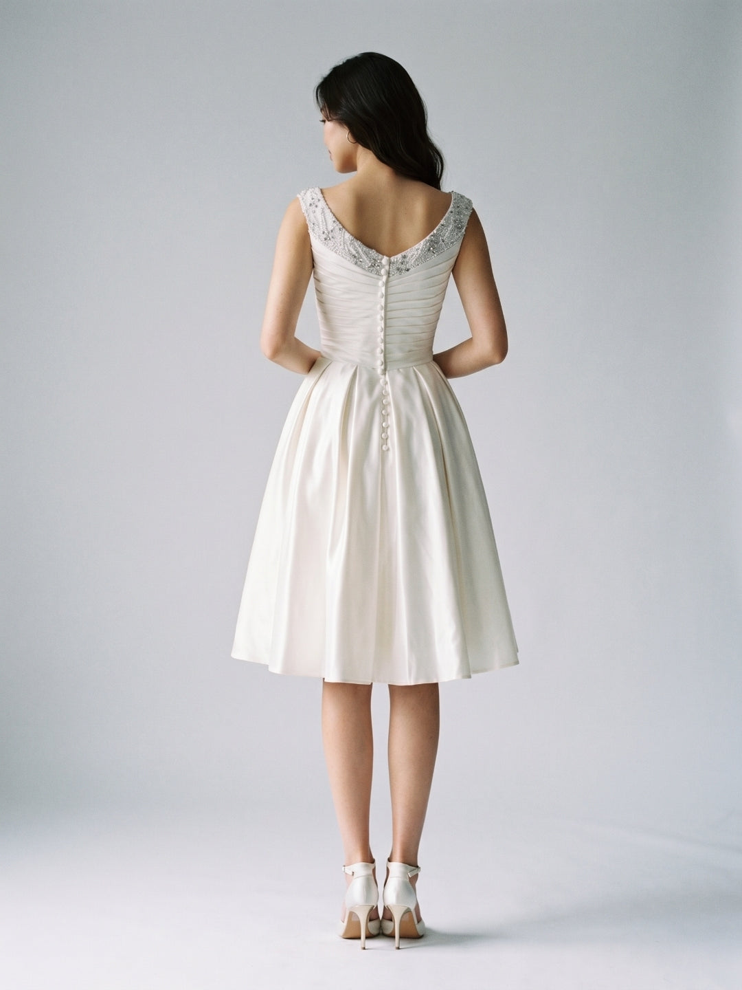Ivory Satin A-Line V-Neck Knee-Length Homecoming Dress with Beading