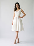Ivory Satin A-Line V-Neck Knee-Length Homecoming Dress with Beading