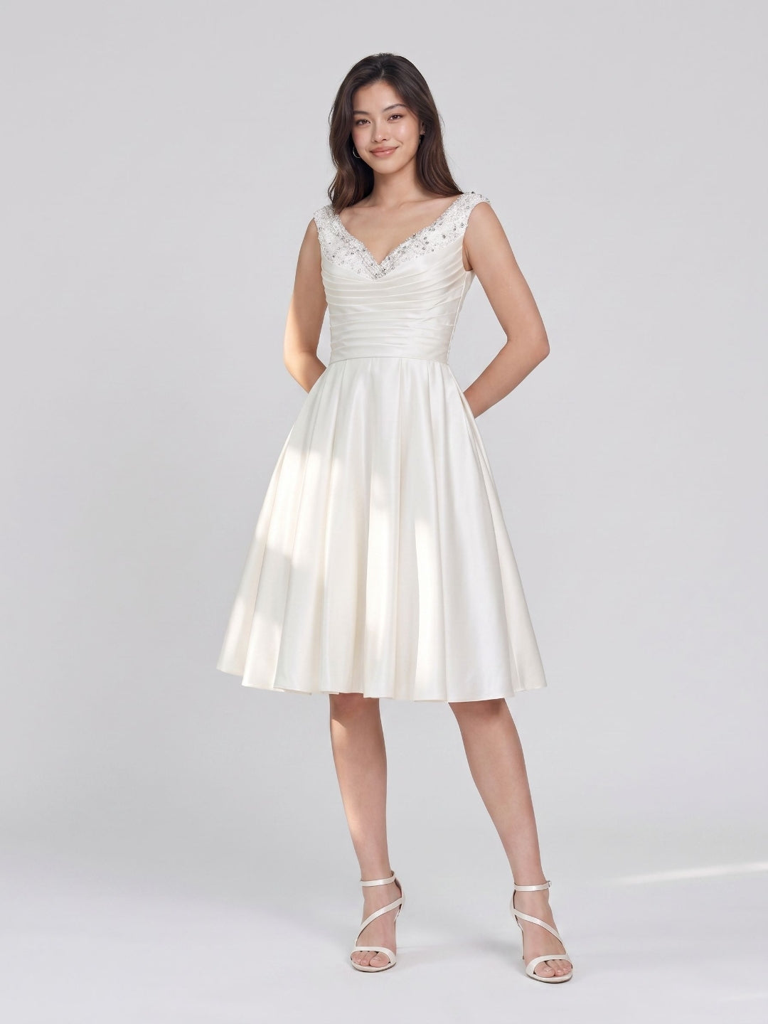 Ivory Satin A-Line V-Neck Knee-Length Homecoming Dress with Beading