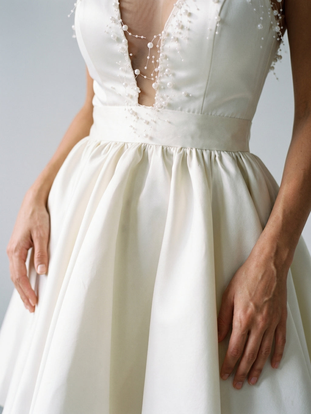 Ivory Satin A-Line V-Neck Short Homecoming Dress with Pleating