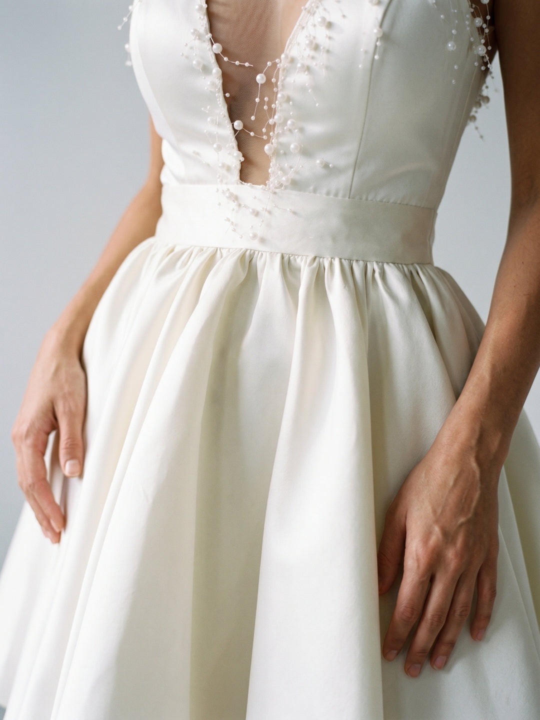 Ivory Satin A-Line V-Neck Short Homecoming Dress with Pleating
