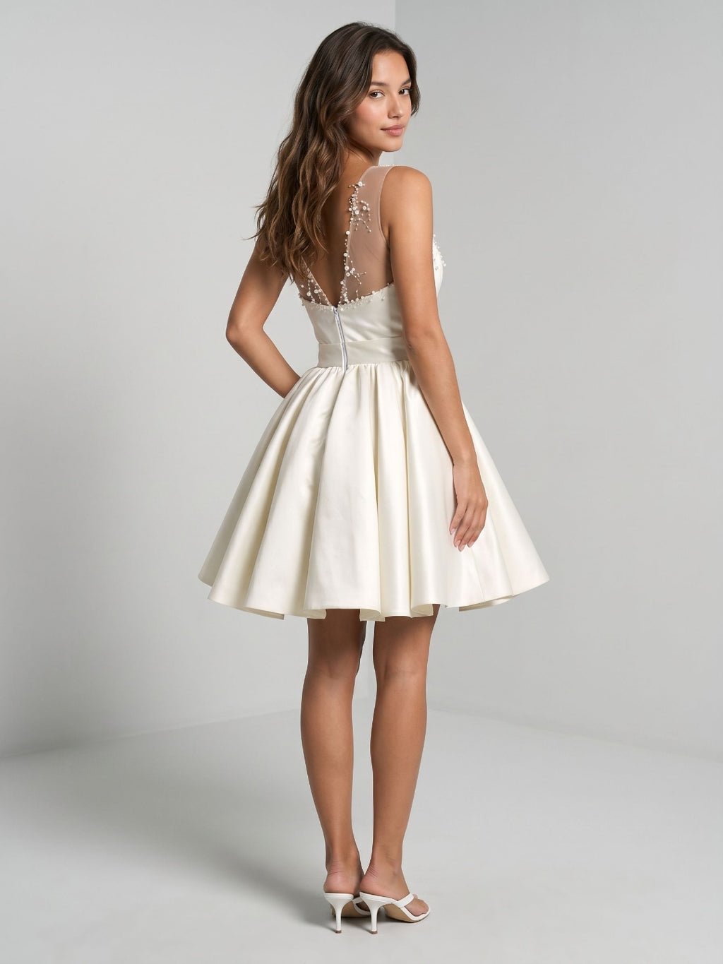 Ivory Satin A-Line V-Neck Short Homecoming Dress with Pleating