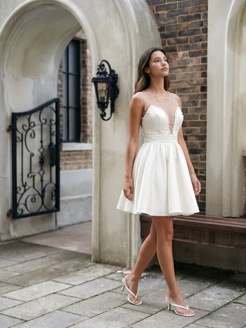 Ivory Satin A-Line V-Neck Short Homecoming Dress with Pleating
