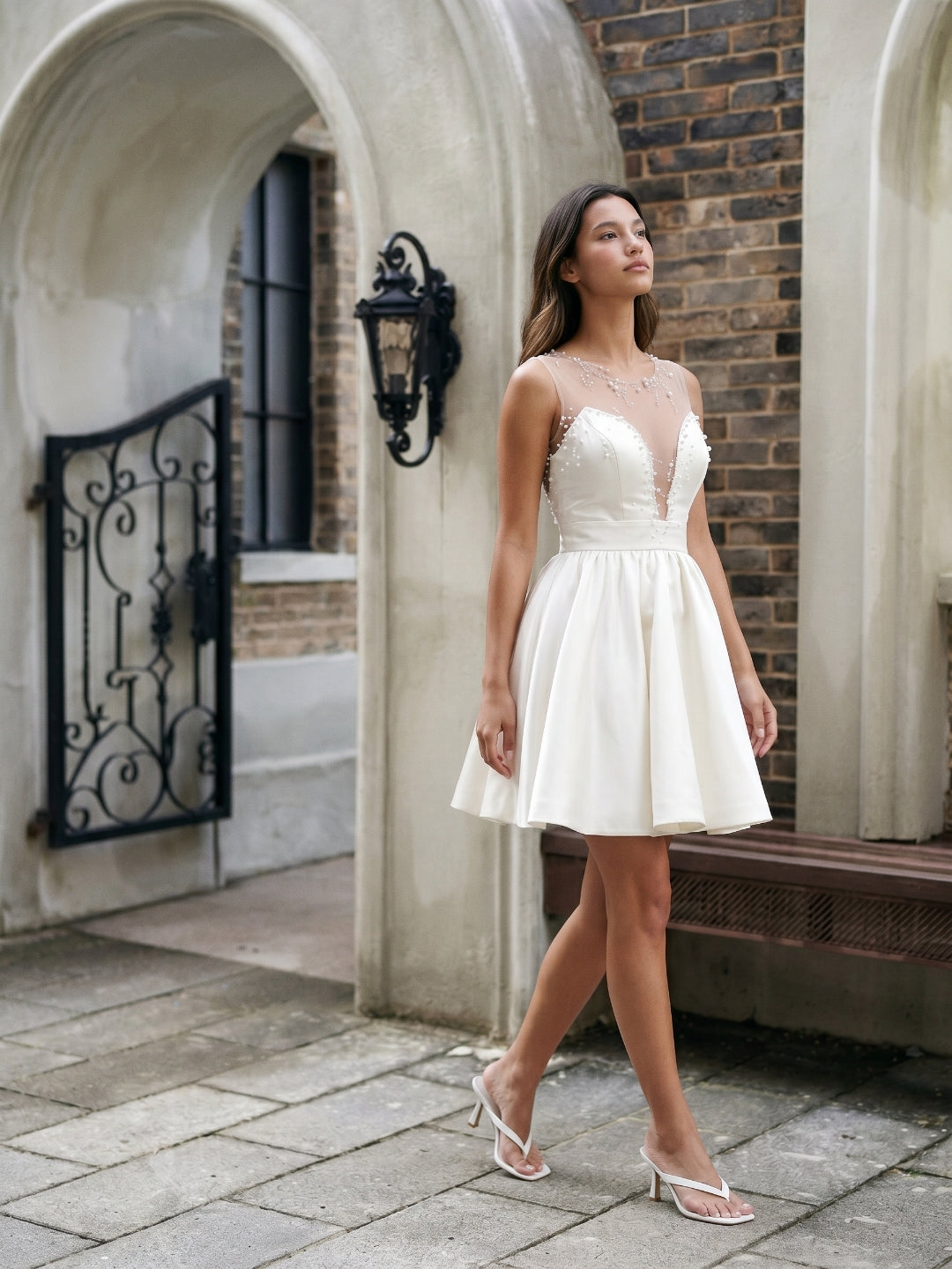 Ivory Satin A-Line V-Neck Short Homecoming Dress with Pleating