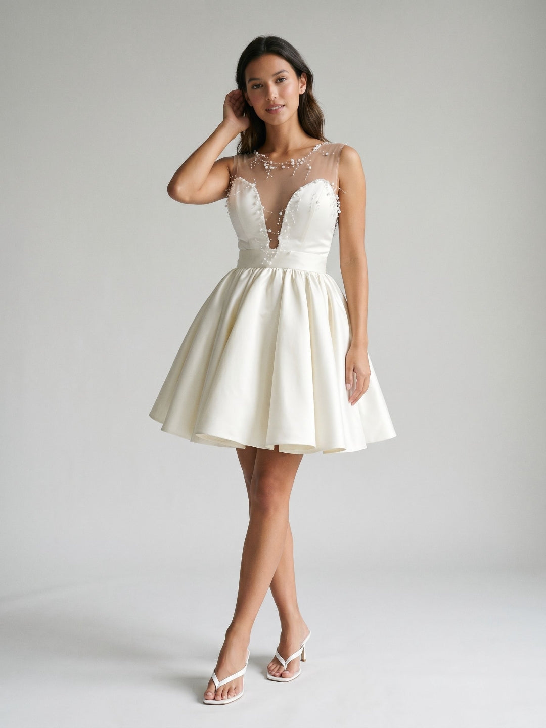 Ivory Satin A-Line V-Neck Short Homecoming Dress with Pleating